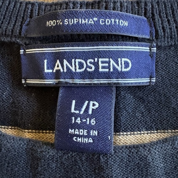 Lands' End Supima Cotton Sweater Women's L/P 14-16 Navy Tan Stripe 3/4 Sleeve - Picture 4 of 10